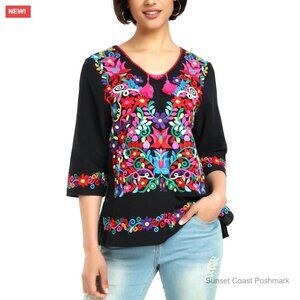 100% Cotton Embroidered Mexican Blouse Short Sleeve Casual Tunic